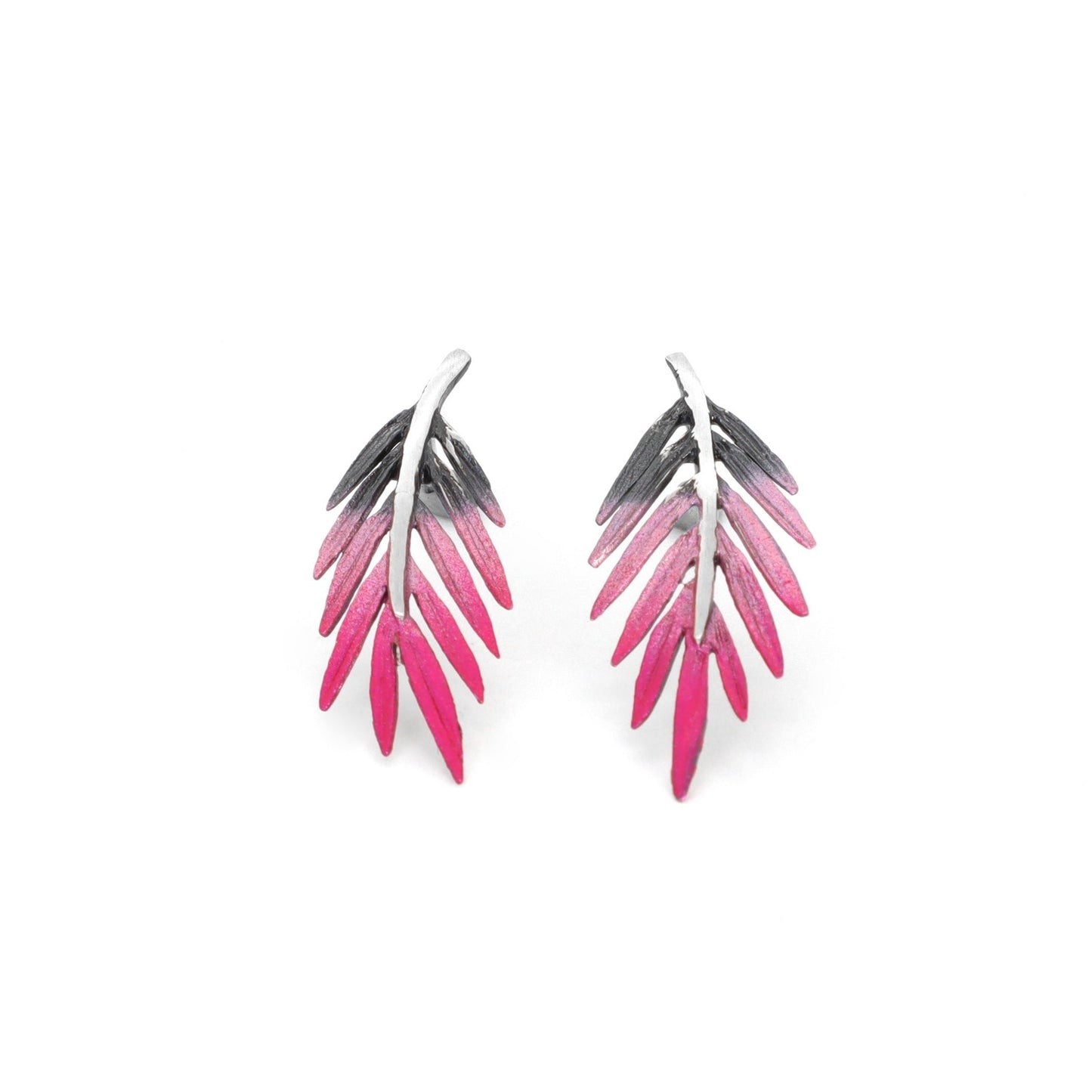 sterling silver palm tree earrings with natural pink pigment by orfega compostela