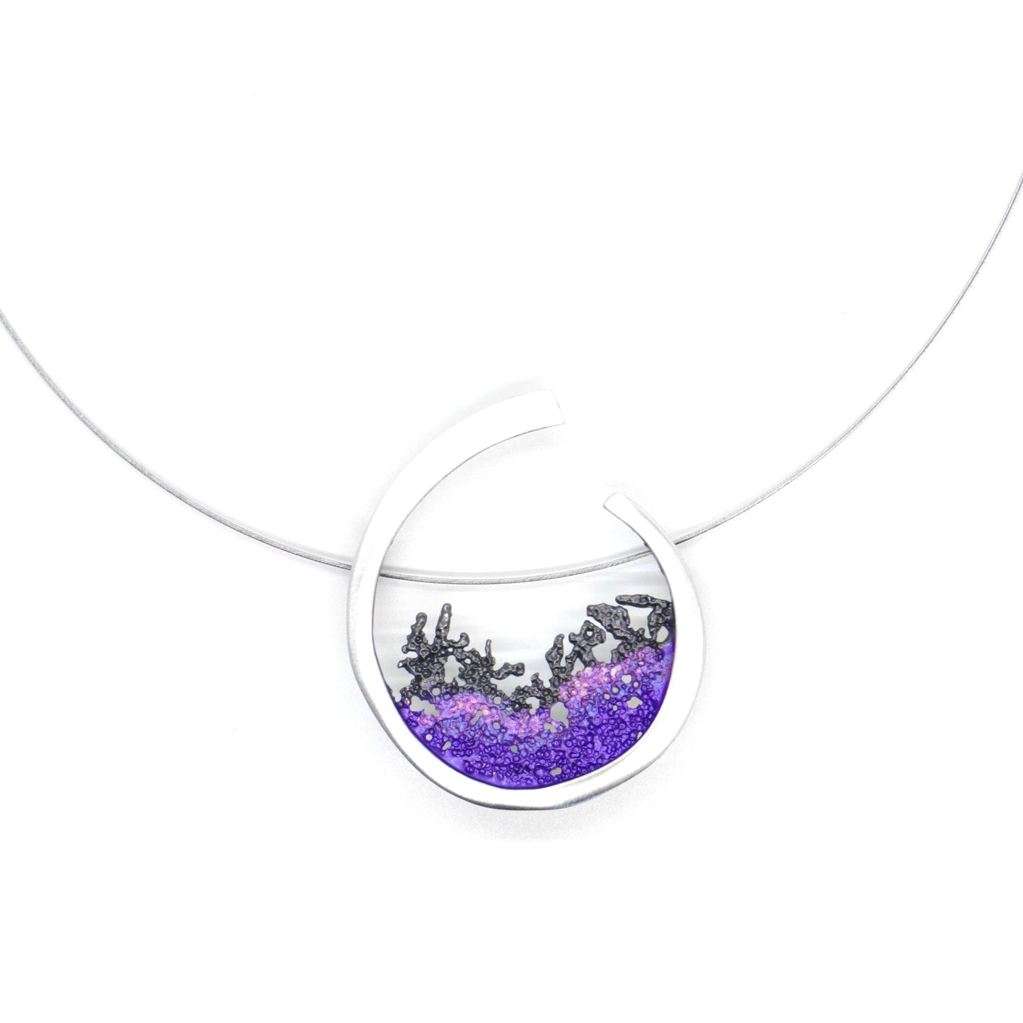sterling silver wave necklace with natural purple pigment. 16 in stainless steel cable